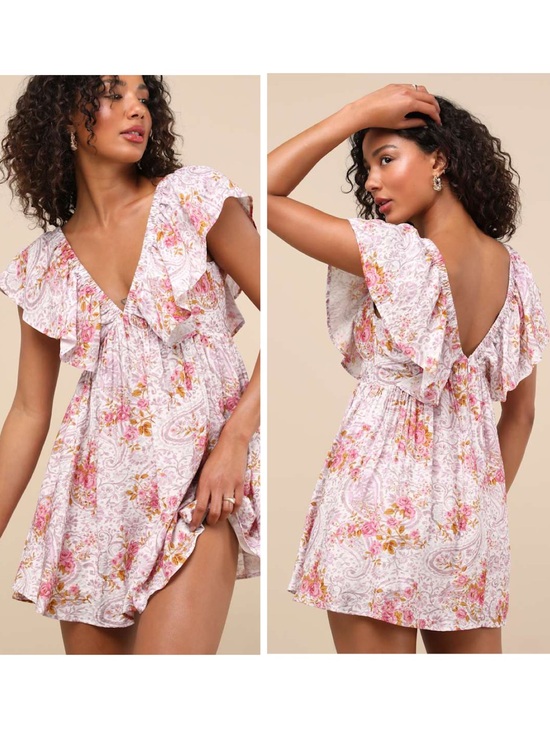 Lulus Dresses & Skirts - Lulus Kory Lilac Multi Print Flutter Sleeve Mini Dress Size Medium Beach Boho